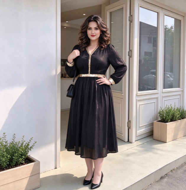 Plus size women's light mature style dress, spring and autumn new style sequined gold-plated dress