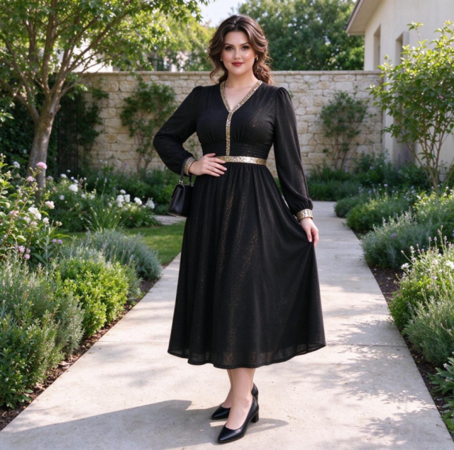 Plus size women's light mature style dress, spring and autumn new style sequined gold-plated dress