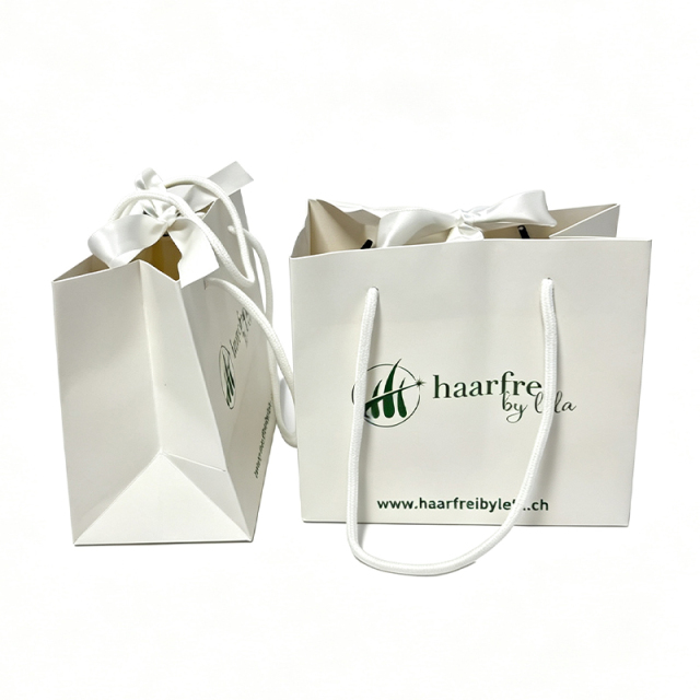 Custom printed white luxury paper gift bag with white ribbon