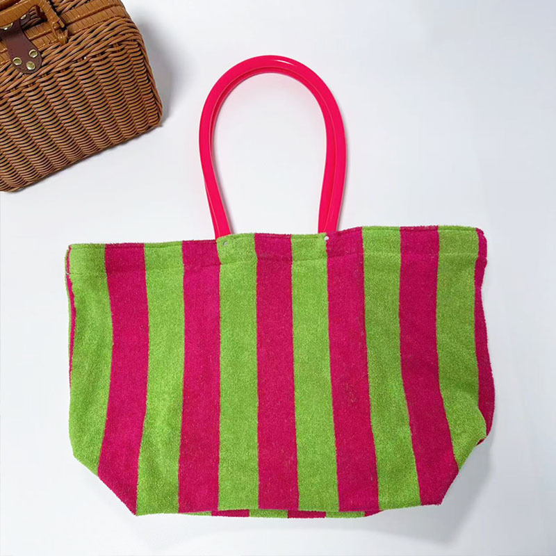 Pink Green Striped Terry Cloth Large Capacity Beach Tote Bag with Plastic Handle Inner Zipper Pocket