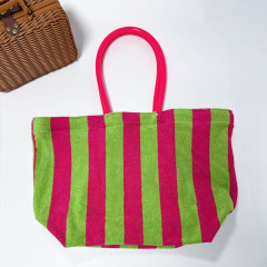 Pink Green Striped Terry Cloth Large Capacity Beach Tote Bag with Plastic Handle Inner Zipper Pocket