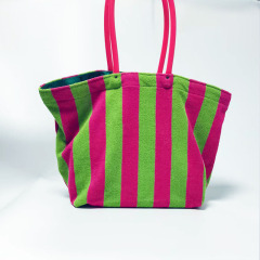 Pink Green Striped Terry Cloth Large Capacity Beach Tote Bag with Plastic Handle Inner Zipper Pocket