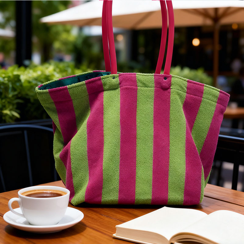 Pink Green Striped Terry Cloth Large Capacity Beach Tote Bag with Plastic Handle Inner Zipper Pocket