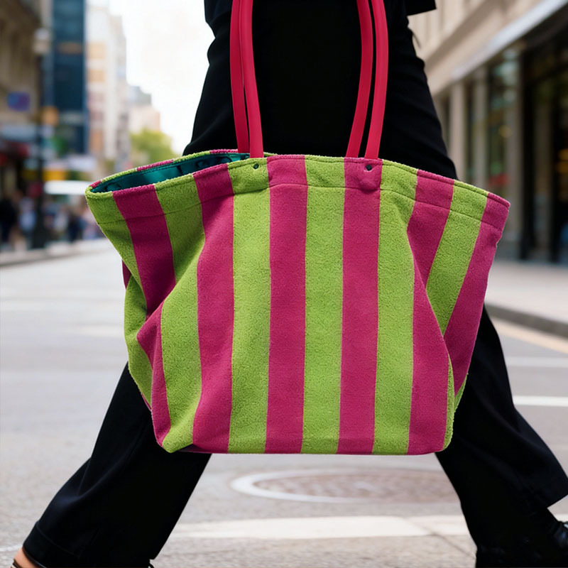 Pink Green Striped Terry Cloth Large Capacity Beach Tote Bag with Plastic Handle Inner Zipper Pocket