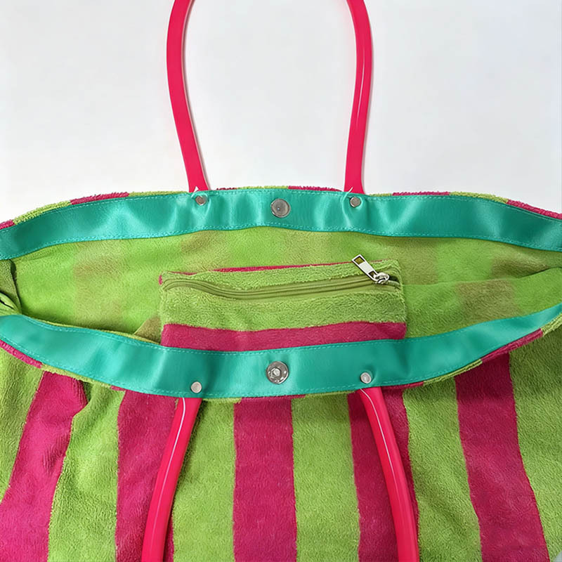 Pink Green Striped Terry Cloth Large Capacity Beach Tote Bag with Plastic Handle Inner Zipper Pocket