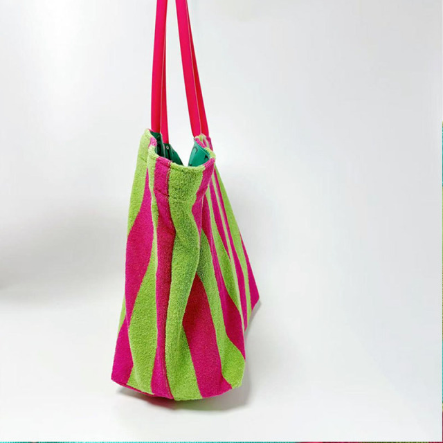 Pink Green Striped Terry Cloth Large Capacity Beach Tote Bag with Plastic Handle Inner Zipper Pocket