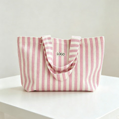 Pink white vertical stripe canvas bag