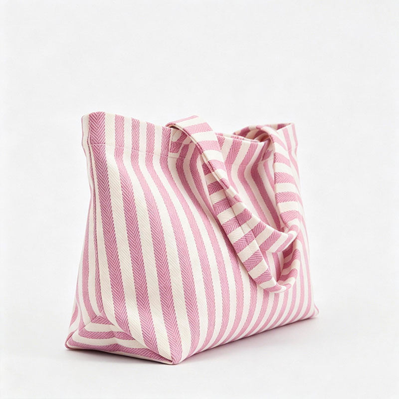 Pink white vertical stripe canvas bag