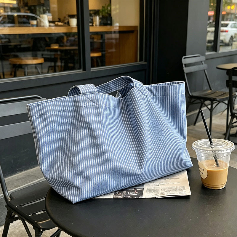 Blue Striped Canvas Tote Bag