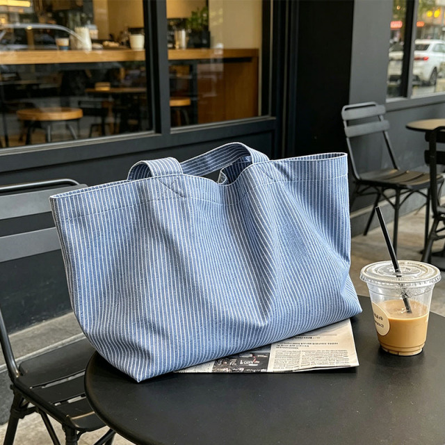 Blue Striped Canvas Tote Bag