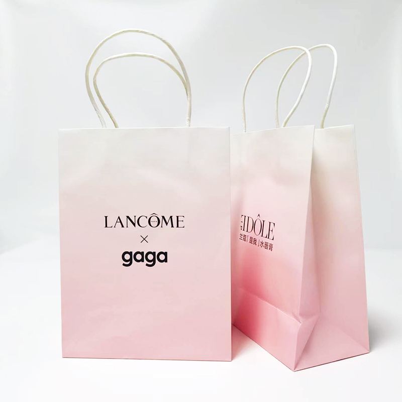 Gradient pink custom logo printed luxury paper gift bag for cosmetic beauty packaging