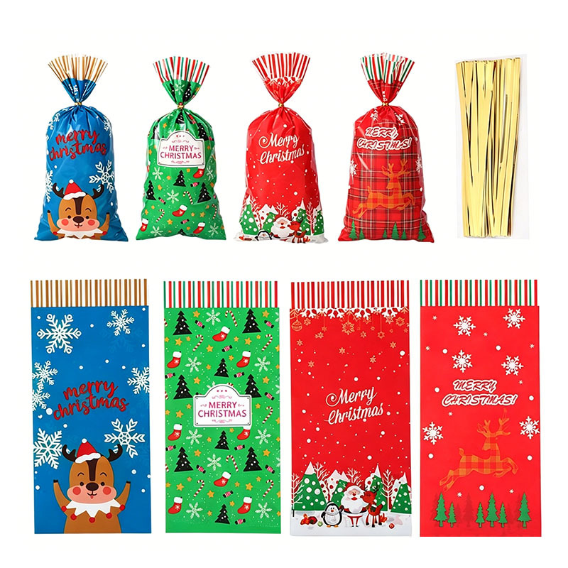 4 styles Merry Christmas cellophane treat bags set with gold twist ties, Santa reindeer elk snowflake plastic candy cookie gift bags for Xmas party favors