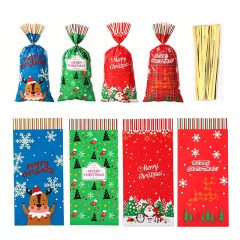 4 styles Merry Christmas cellophane treat bags set with gold twist ties, Santa reindeer elk snowflake plastic candy cookie gift bags for Xmas party favors