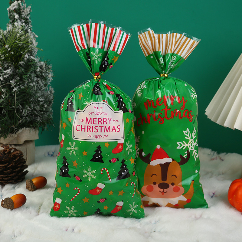 Green Christmas tree stocking print cellophane gift bag, Xmas holiday cookie packaging bag for kids party favors
