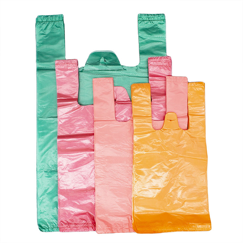 Multi-color green pink orange disposable plastic t-shirt vest shopping bags thick carry bags for grocery takeaway retail packaging