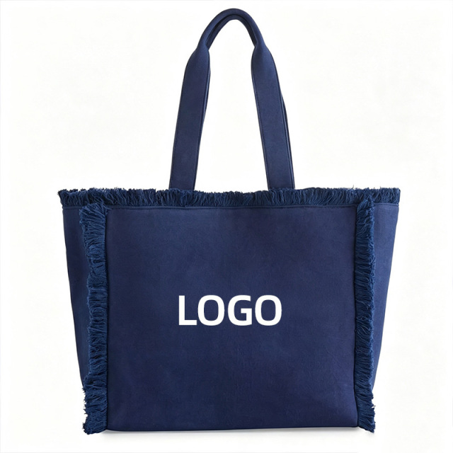 Custom Logo Fringe Canvas Tote Bag Large Capacity Women Beach Vacation Shoulder Shopping Handbag Wholesale