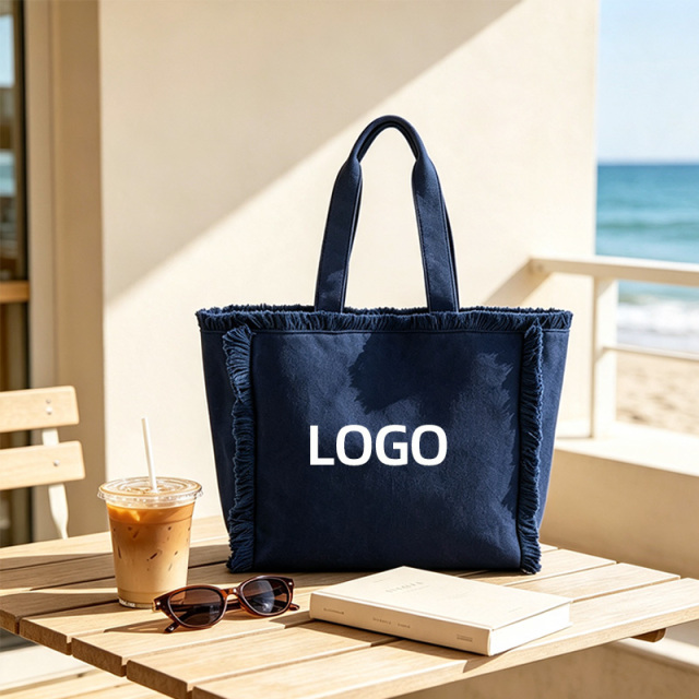 Custom Logo Fringe Canvas Tote Bag Large Capacity Women Beach Vacation Shoulder Shopping Handbag Wholesale