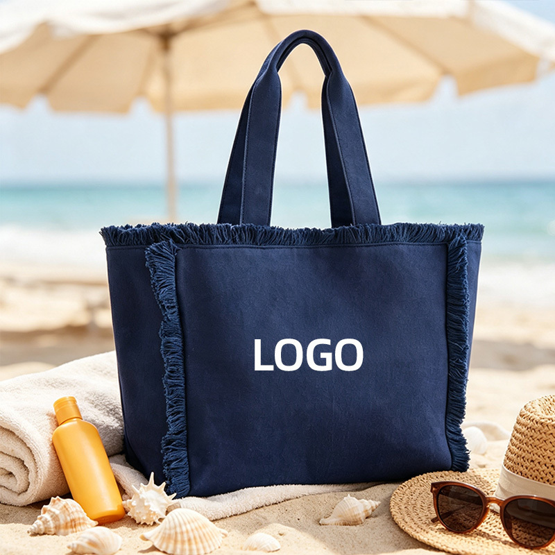 Oversize Fringe Canvas Tote Bag Custom Logo Print Reusable Cotton Frayed Edge Women Travel Beach Daily Shoulder Canvas Bag Wholesale