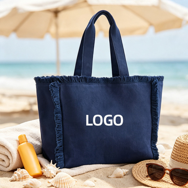 Oversize Fringe Canvas Tote Bag Custom Logo Print Reusable Cotton Frayed Edge Women Travel Beach Daily Shoulder Canvas Bag Wholesale