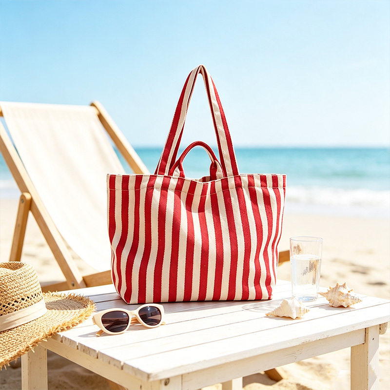 Custom Red White Stripe Canvas Tote Bag with Double Handle,YI YUAN,Custom Red White Stripe Canvas Tote Bag with Double Handle