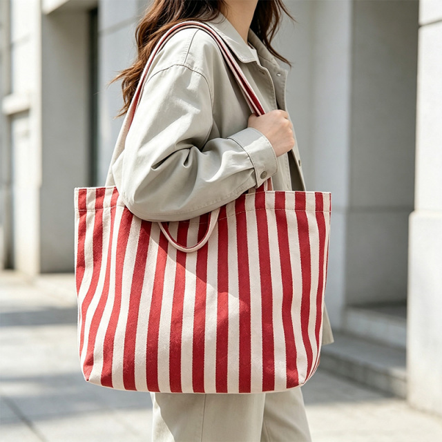 Custom Red White Stripe Canvas Tote Bag with Double Handle,YI YUAN,Custom Red White Stripe Canvas Tote Bag with Double Handle
