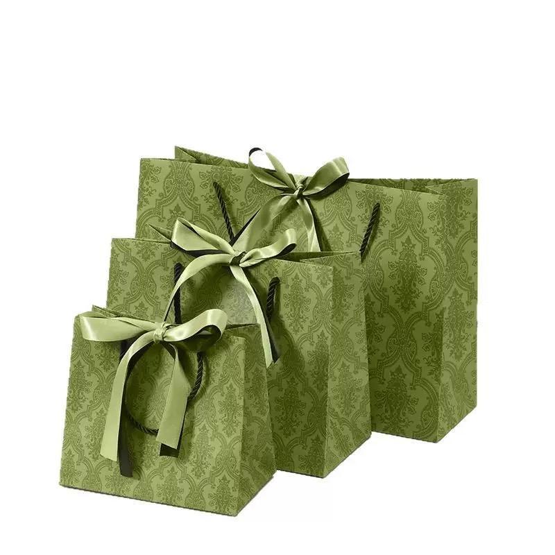 Vintage olive green patterned luxury gift paper bags with satin bow ribbon