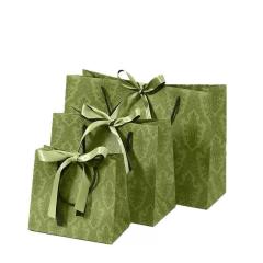 Vintage olive green patterned luxury gift paper bags with satin bow ribbon