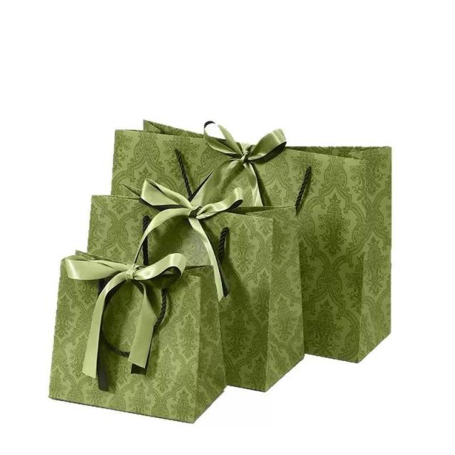 Vintage olive green patterned luxury gift paper bags with satin bow ribbon