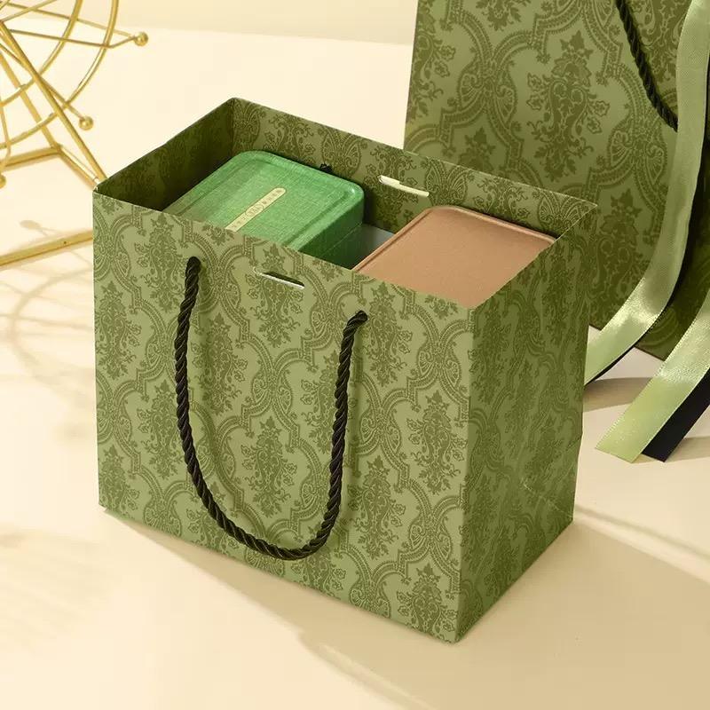 Vintage olive green patterned luxury gift paper bags with satin bow ribbon