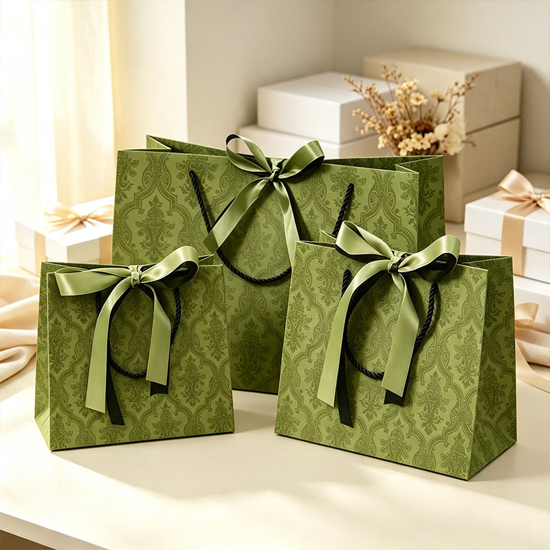Vintage olive green patterned luxury gift paper bags with satin bow ribbon