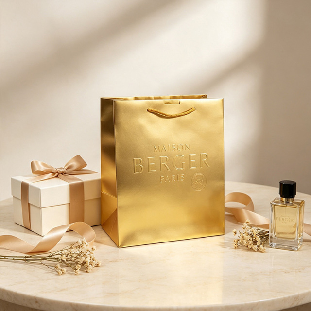 Gold luxury embossed logo paper gift bag with gold rope handle