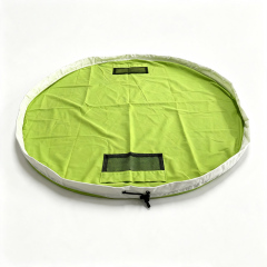 Round foldable portable storage mat with mesh pockets drawstring toy organizer mat for camping travel