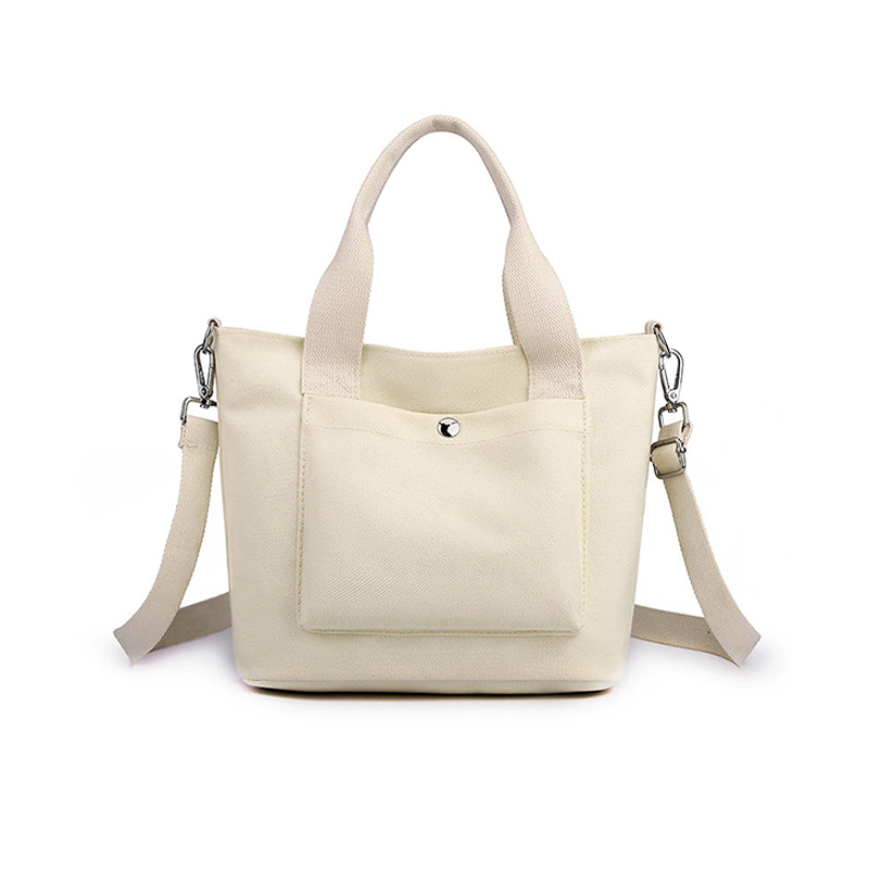 Beige canvas tote bag with adjustable shoulder strap and front snap pocket, women casual handbag for daily commute