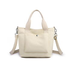 Beige canvas tote bag with adjustable shoulder strap and front snap pocket, women casual handbag for daily commute