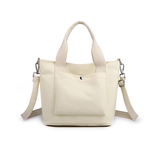 Beige canvas tote bag with adjustable shoulder strap and front snap pocket, women casual handbag for daily commute