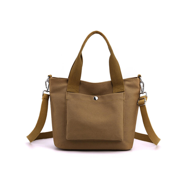 Brown canvas tote bag with adjustable shoulder strap and front snap pocket, women casual handbag for daily commute