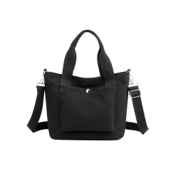 Black canvas tote bag with adjustable shoulder strap and front snap pocket, women casual handbag for daily commute