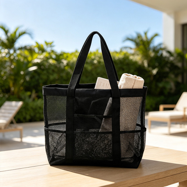 Black Mesh Beach Bag,YI YUAN,Black Mesh Beach Bag