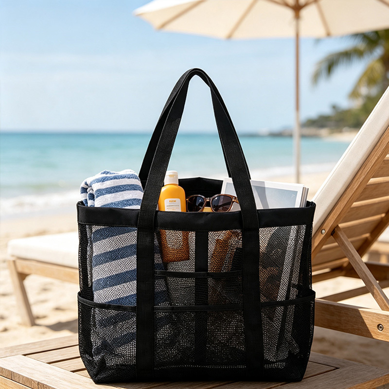 Black Mesh Beach Bag,YI YUAN,Black Mesh Beach Bag
