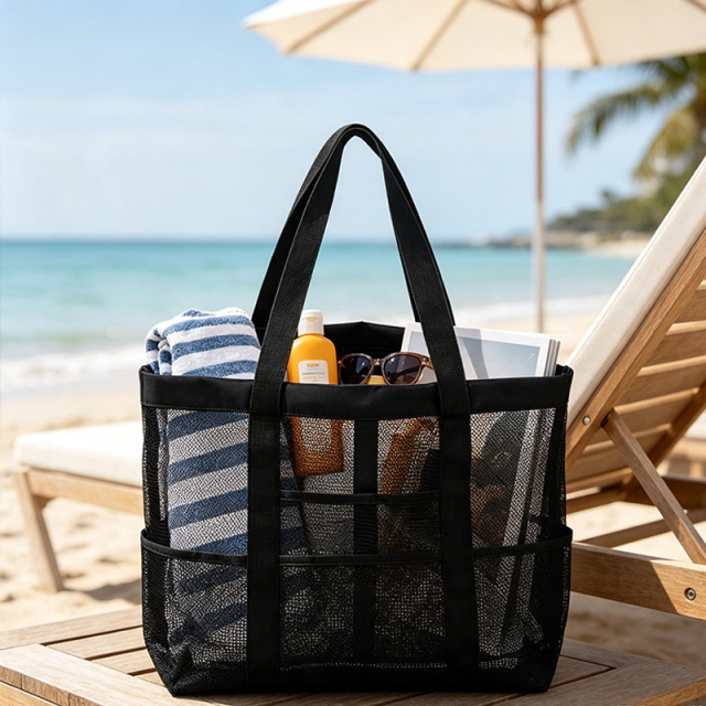 Black Mesh Beach Bag,YI YUAN,Black Mesh Beach Bag