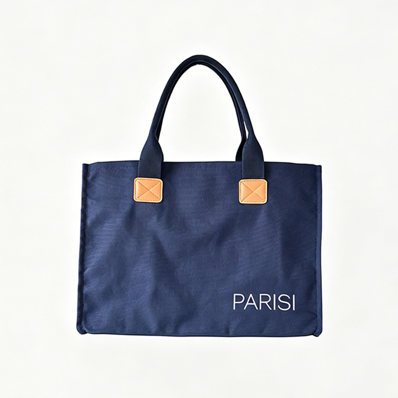 Custom printed logo navy tote bag with microfiber PU leather patch reinforcement leather patch reinforced handles
