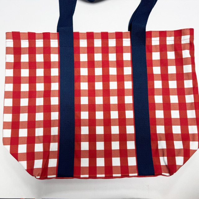 Red white gingham check canvas tote bag