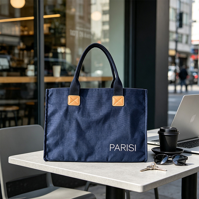 Custom printed logo navy tote bag with microfiber PU leather patch reinforcement leather patch reinforced handles