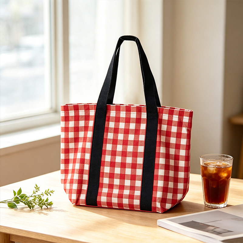 Red white gingham check canvas tote bag