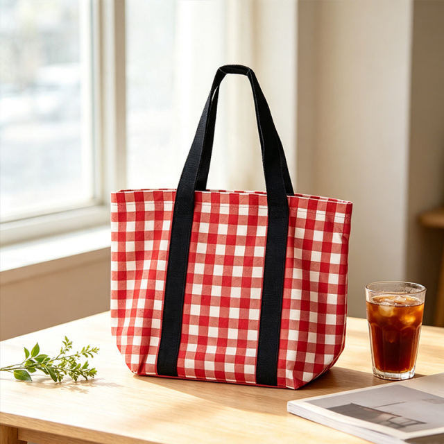 Red white gingham check canvas tote bag