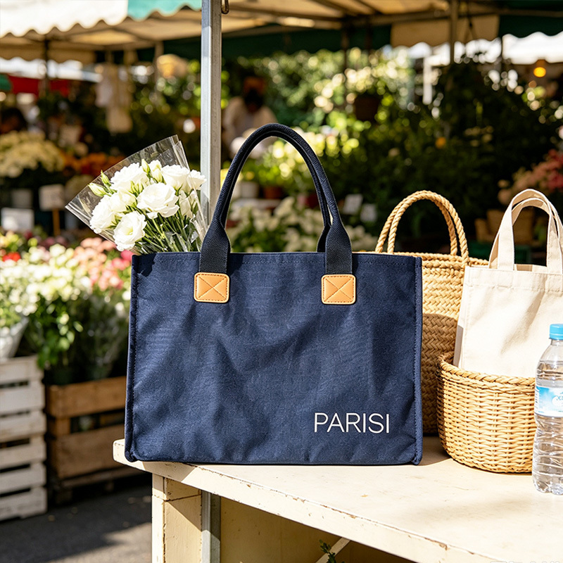 Custom printed logo navy tote bag with microfiber PU leather patch reinforcement leather patch reinforced handles