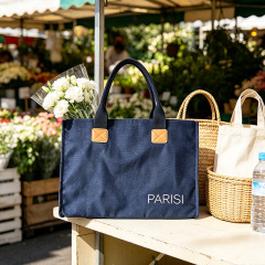 Custom printed logo navy tote bag with microfiber PU leather patch reinforcement leather patch reinforced handles