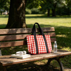 large picnic beach shoulder bag with contrast black wide handles