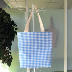 Blue white gingham check canvas tote bag
