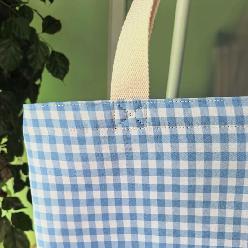 Blue white gingham check canvas tote bag